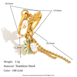 18K gold plated stainless steel open ring with bee, daisy and pearl tassel charms