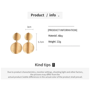 Size details of gold-tone geometric alloy earrings with brushed finish and round dangle design