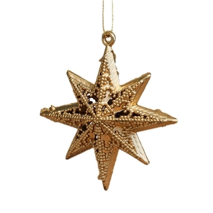 Hollow golden 3D star Christmas tree ornament with intricate relief textures and hanging string