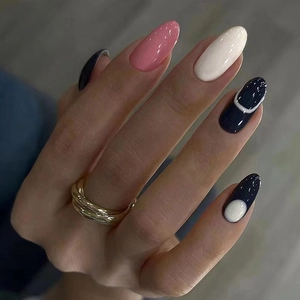 Press On Nails Indigo Blue Glossy Oval Shape Round Head Geometric White Line European Style Artificial Nails For Women