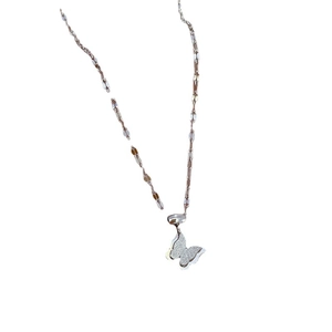 Minimalist silver titanium steel necklace with a frosted butterfly pendant on white background