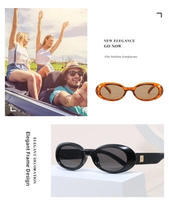 Detail of oval tortoiseshell sunglasses featuring gold metal logo and thick frame