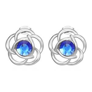 Pair of hollow floral stainless steel earrings with sparkling blue crystal centers