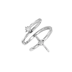 Minimalist silver star open ring featuring dual set cubic zirconia stones on a white base