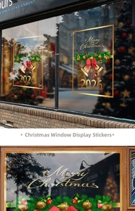 Detail of Merry Christmas 2026 window decal with gold bells and festive pine needles