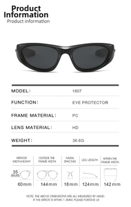 Size chart showing model 1807 sports sunglasses dimensions and technical specifications