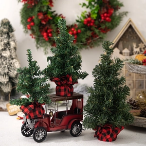 Miniature green Christmas tree set with burlap base and vintage red car desktop decor
