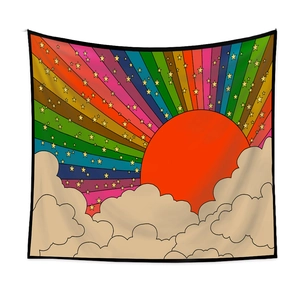 Bohemian rainbow sun tapestry with vintage pop art style and gold star details