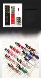 Detailed technical specifications and full 12-color range of matte waterproof lip glosses