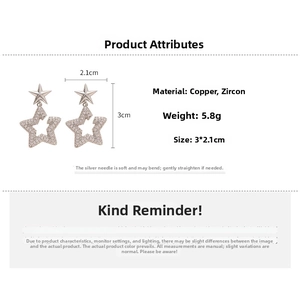 Detail view of star-shaped silver earrings with cubic zirconia, size 3x2.1cm, weight 5.8g