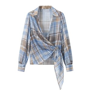 Chic Women Long Sleeve Plaid Blouse With Gold Lurex Thread V Neck Wrap Front Side Tie Casual Fashionable Shirt
