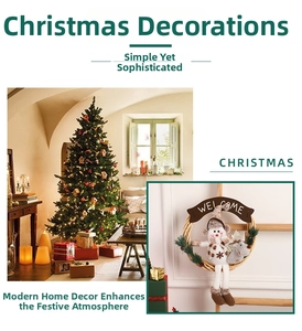 Close-up of Christmas wreath with plush snowman, reindeer, and Welcome sign detail
