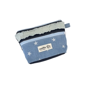 Patchwork denim makeup bag with white stars and double zippers for daily storage