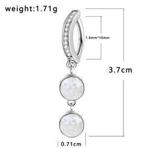 Silver belly ring with white opal pendants and zircons featuring size measurements