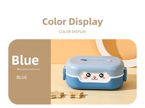 Blue cartoon bento box with side locking clips and cute animal print for children