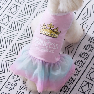 Pink dog princess dress with gold crown print and three-layer colorful mesh tutu skirt