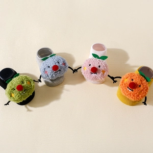 Cartoon baby floor socks with 3D plush dolls and non-slip grips in colorful cotton