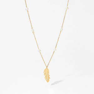 Elegant gold feather pendant necklace with white pearls on a delicate chain for women