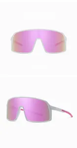 Detail view of TR90 white frame sports sunglasses with purple pink mirrored lenses