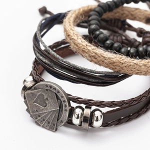 Multi-layer vintage leather bracelet set with hemp rope and poker card metal charm