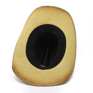 Classic yellow straw hat for beach vacations featuring a wide black inner sweatband
