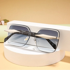 Detail of gradient lenses and marble textured temples on oversized square sunglasses