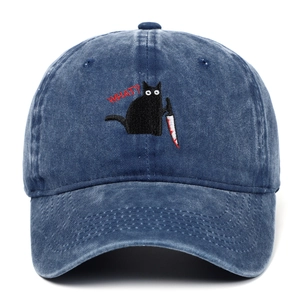 Blaue gewaschene Denim Baseballkappe mit gestickter schwarzer Katze und WHAT? Schriftzug