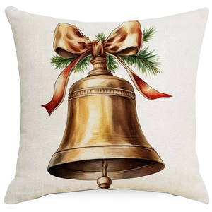 Christmas Santa Claus cushion cover featuring vintage bells with red ribbons and pine needles