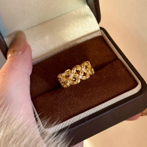 Hollow Flower Zircon Open Ring Copper Gold Plated Adjustable Vintage Style For Women Finger Jewelry