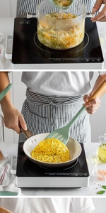 Cooking scenes with induction cooker showing noodle boiling and egg frying detail