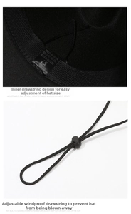 Detail of adjustable inner drawstring and windproof chin strap on black cowboy hat