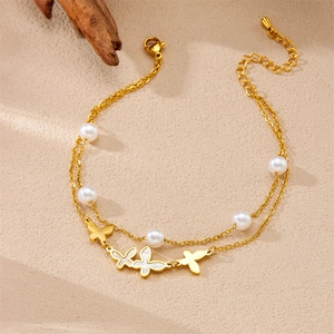 Double-layered gold-plated stainless steel anklet with butterfly and pearl charms