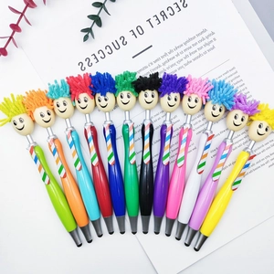 Smiley Face Ballpoint Pen Mop Head Microfiber Hair Stylus For Touch Screen Colorful Plastic Funny Creative Writing Gift