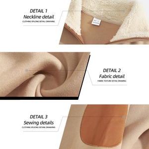 Brown polyester quarter-zip sweatshirt with vintage patchwork and embroidery details