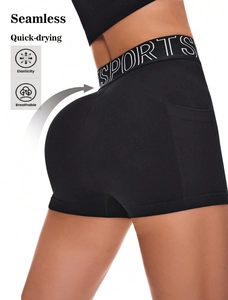 High waist seamless black sports shorts with pockets and white SPORTS logo waistband