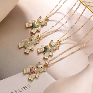 Collier Pendentif Ours En Peluche Cuivre Avec Zircon En Forme De Coeur Style Dessin Animé Bijoux Pour Femmes