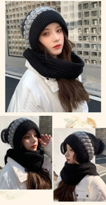 Detailed knit texture of winter hooded scarf set with grey herringbone pattern for warmth