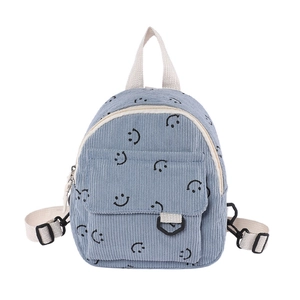 Mini Hellblauer Cord-Rucksack mit schwarzem Smiley-Muster für Damen und Reisen