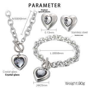 Detail view of heart crystal jewelry set with dimensions for necklace, bracelet and earrings