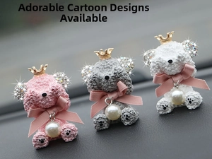 Detailed trio of pink, gray and white flocked teddy bears with diamond ears and pearls