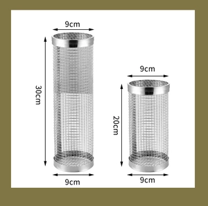 Detail view of round stainless steel BBQ grill baskets with 20cm and 30cm size dimensions