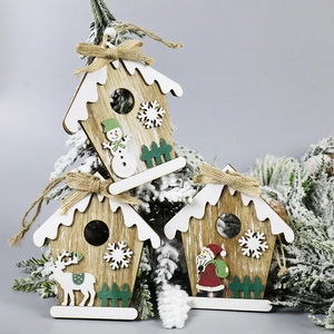 Wooden Christmas ornaments set featuring Santa, Reindeer and Snowman house shapes