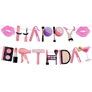 Cosmetic theme Happy Birthday banner with lipstick and handbag graphics for party decor