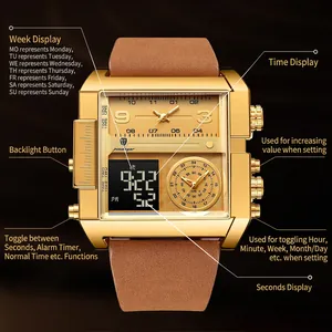 POEDAGAR Men Dual Display Watch Waterproof Square Luminous Multi Timezone Analog Digital Leather Strap Casual Business Watch