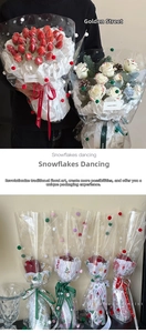 Detail of Christmas snowflake cellophane wrap with red ribbons and colorful pom poms