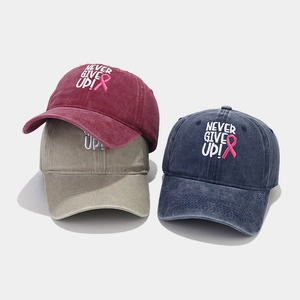 Three colors of embroidered cotton baseball caps with Pink Ribbon and Never Give Up text