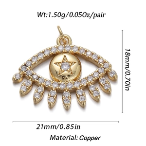 Detailed specs of the gold-plated evil eye pendant with dimensions and copper material