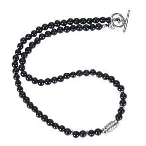Detail of 6mm black obsidian beads necklace with silver accents and toggle clasp