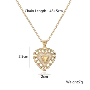 Gold plated heart pendant necklace with colorful zircon pavé stones and 45cm chain