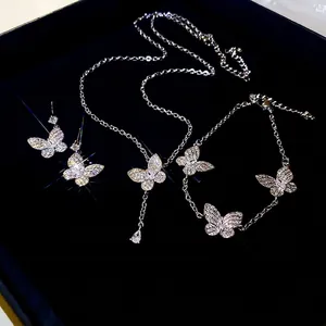 Elegant Butterfly Necklace Bracelet And Earrings With Zircon Inlaid Copper 925 Sterling Silver Earring Post For Women